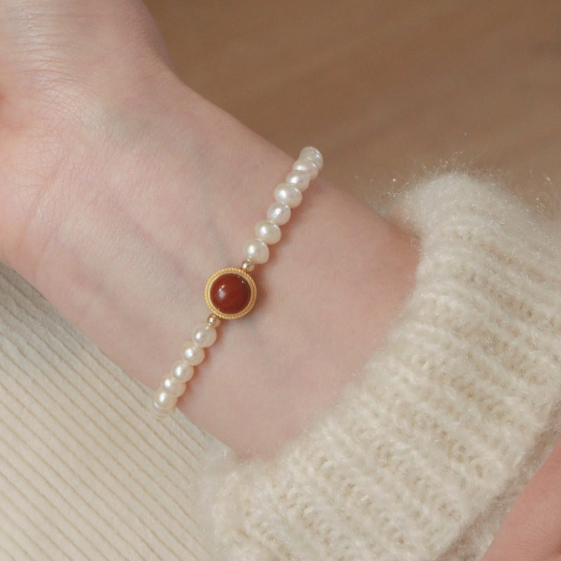 Natural Freshwater Pearl Bracelet with Red Gemstone Accent