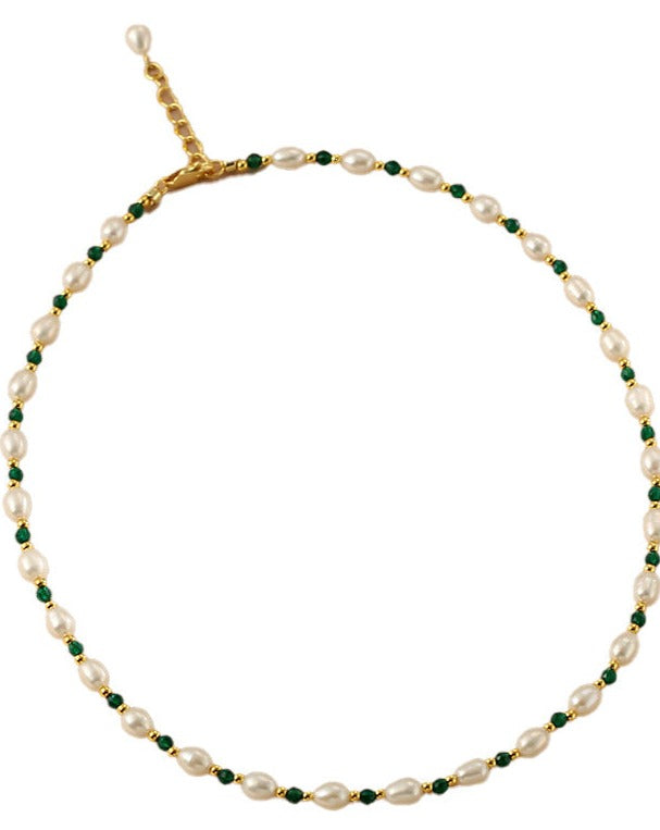 Natural Freshwater Pearl Bracelet with Green Gemstone Accent