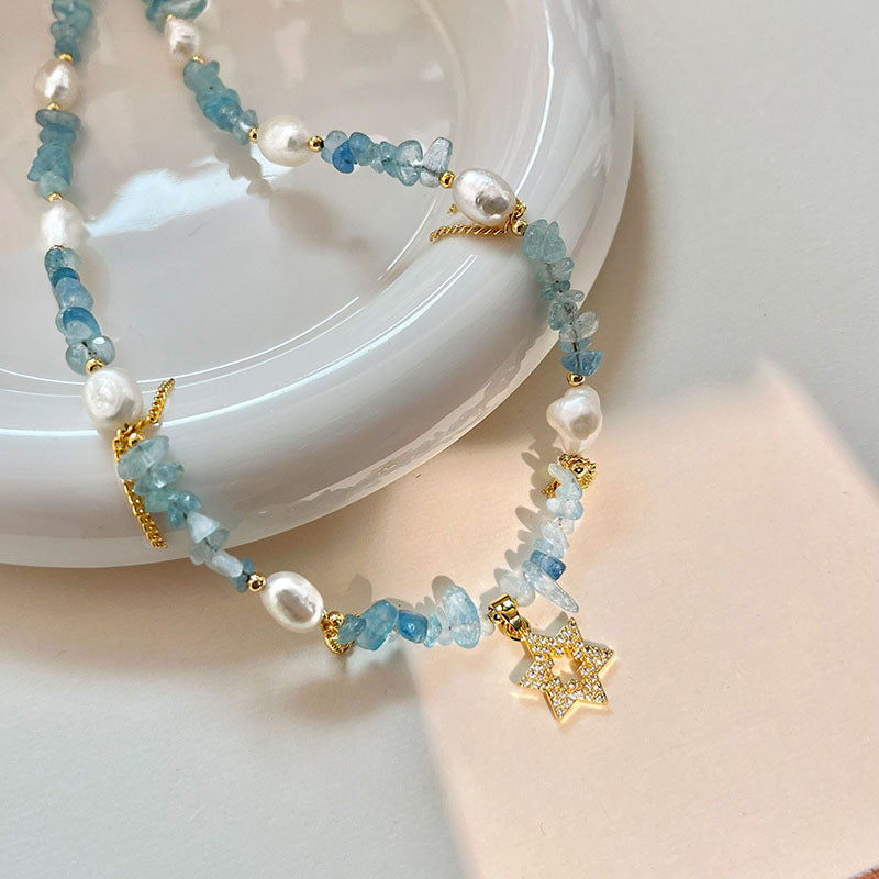 Aquamarine Hexagram and Freshwater Pearl Necklace: Symbol of Tranquility and Protection