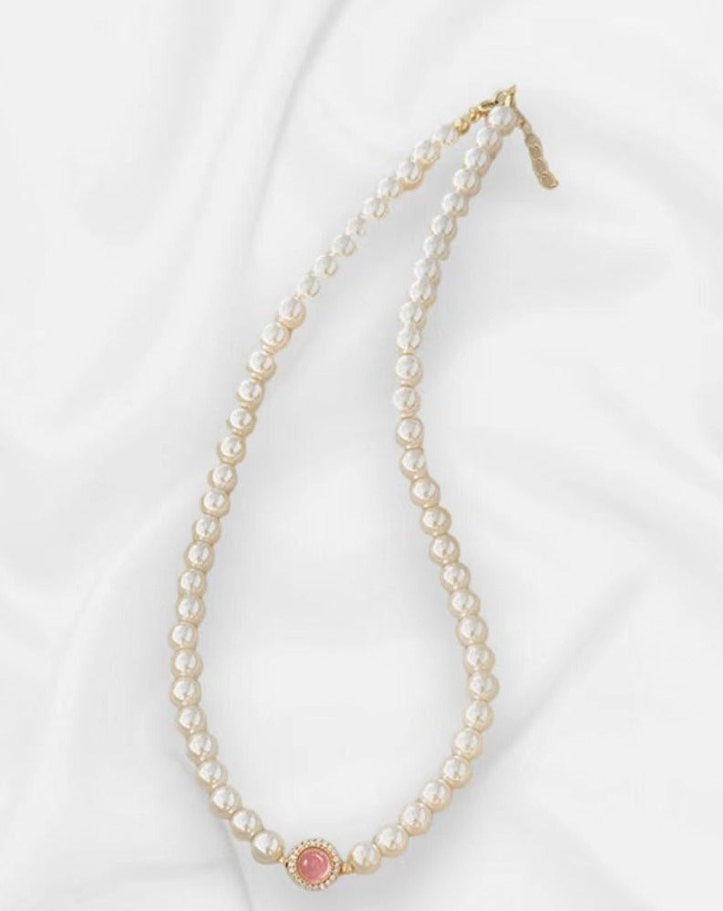 Pink Chalcedony and Pearl Necklace: Light-Responsive Stone