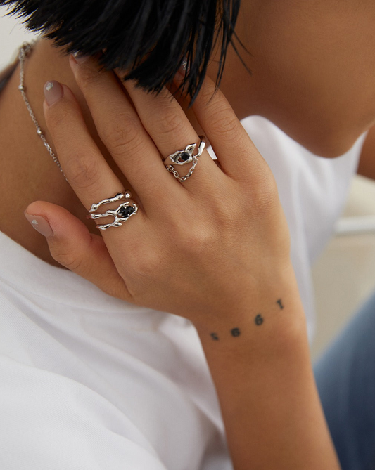 Whimsical Branch: Irregular Inlay Adjustable Silver Ring