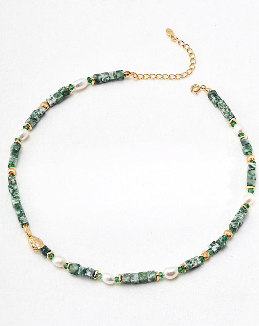 Whispering Jade Green Jade and Pearl Beaded Necklace