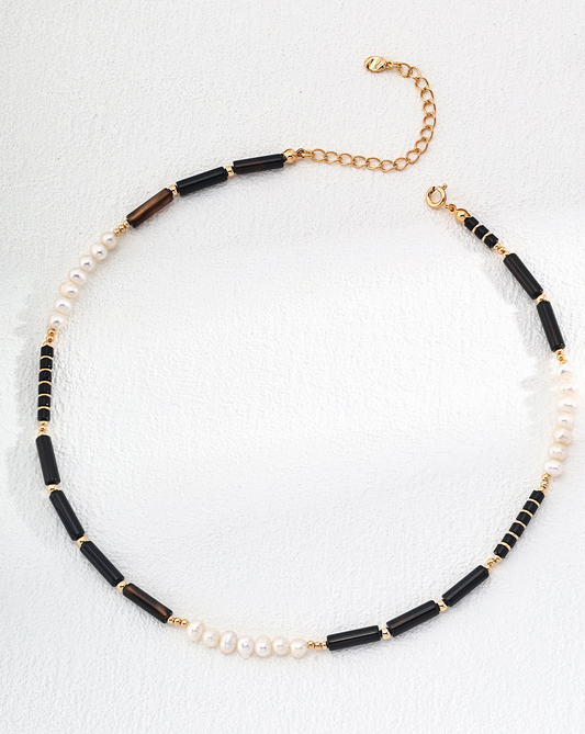 Eclipse Ocean: Black Onyx and Pearl Necklace