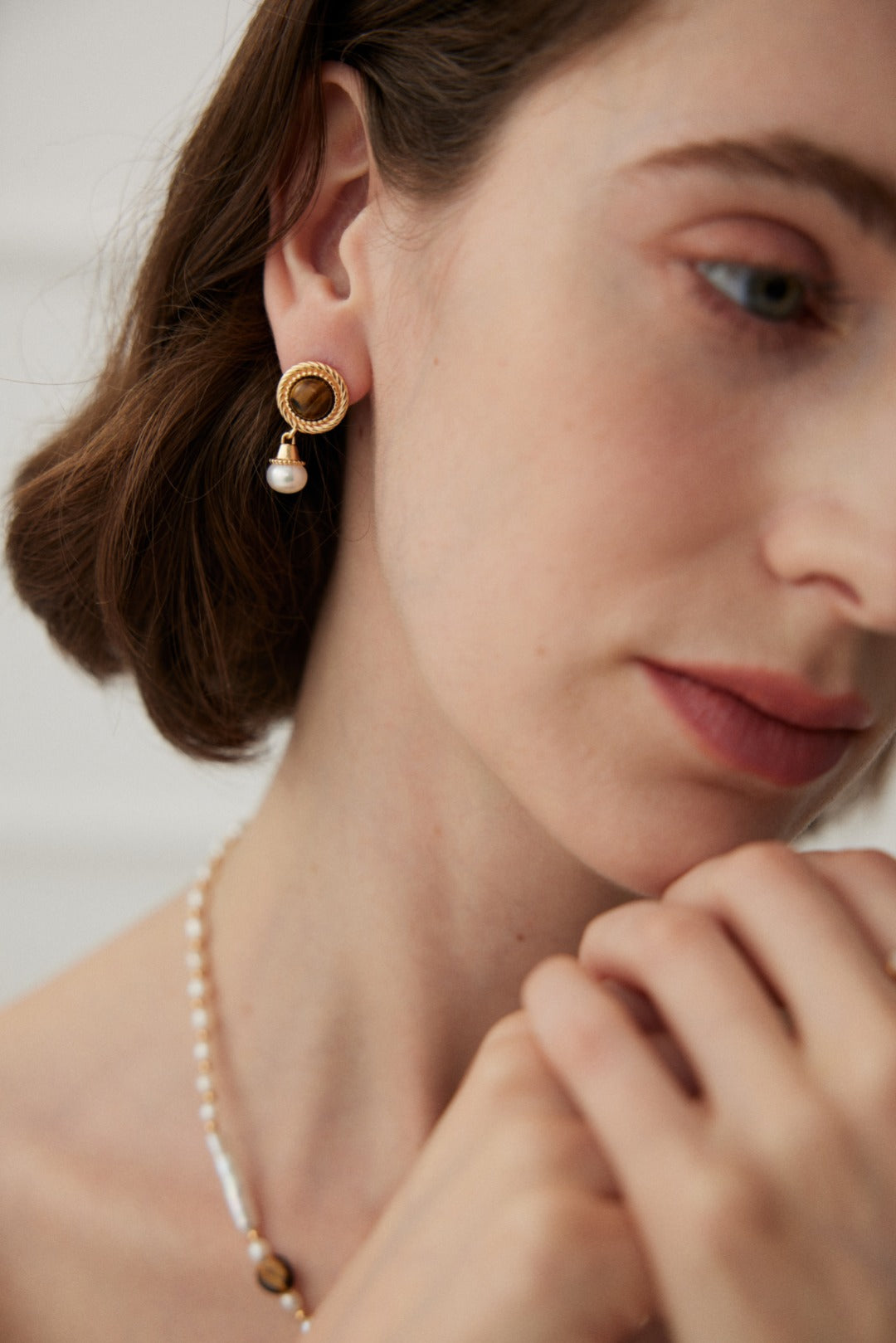 Sunday's Brunch Tiger's Eye & Pearl Pendant Earrings