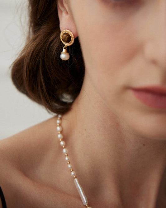Sunday's Brunch  Tiger's Eye & Pearl Pendant Earrings