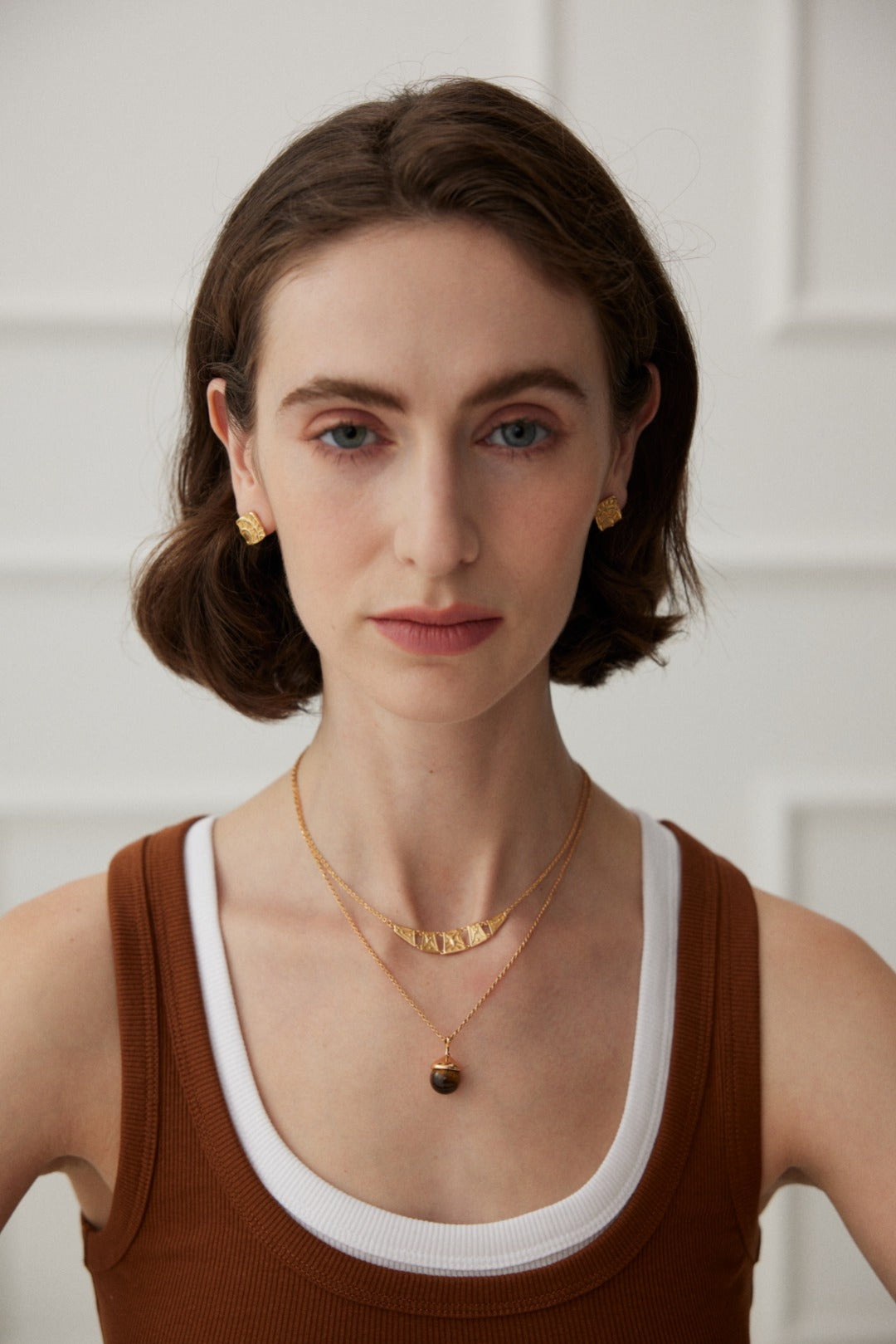 Little Hazelnut Pinecone Silver Necklace with Tiger's Eye & Gray Shell Pearls