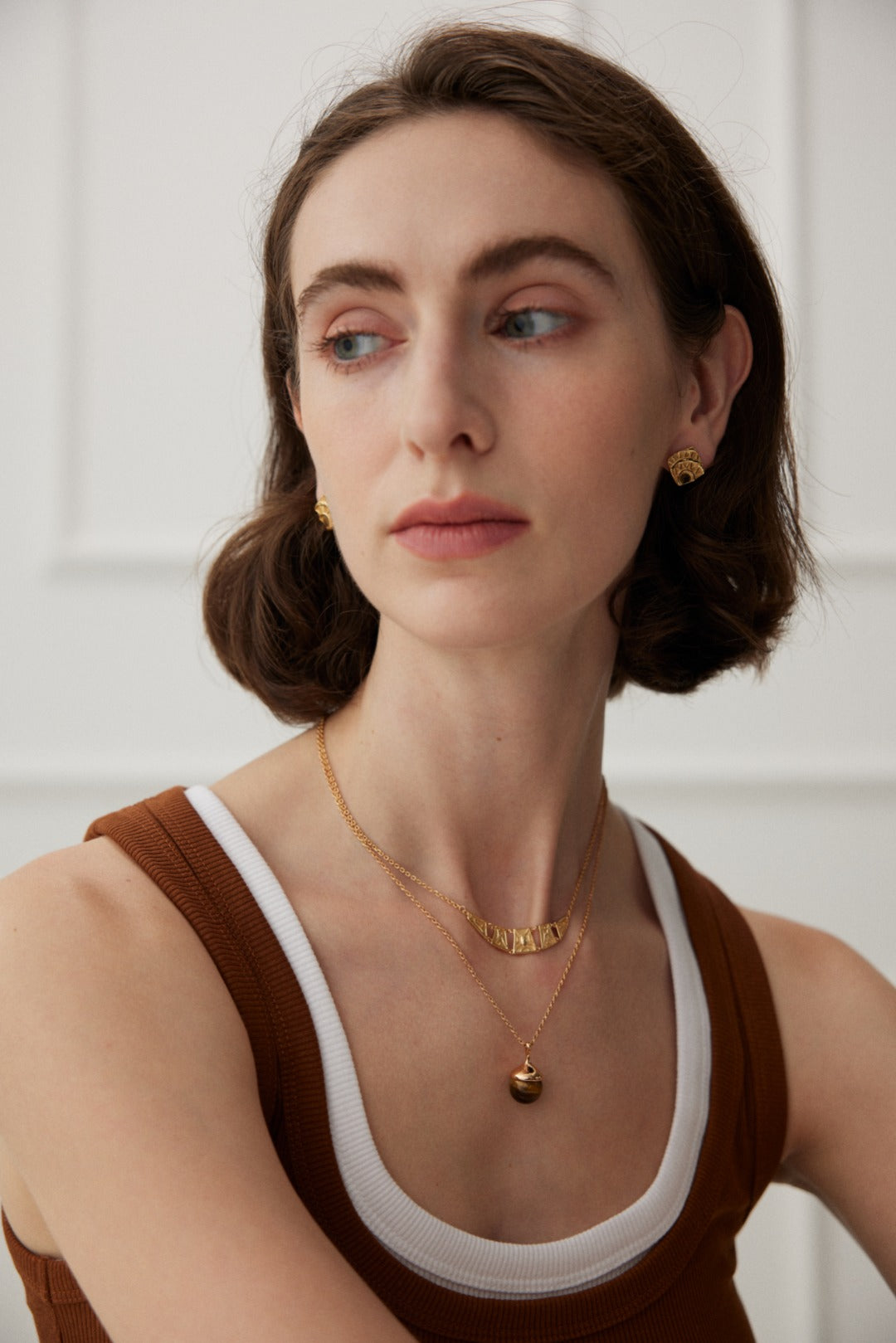 Little Hazelnut Pinecone Silver Necklace with Tiger's Eye & Gray Shell Pearls