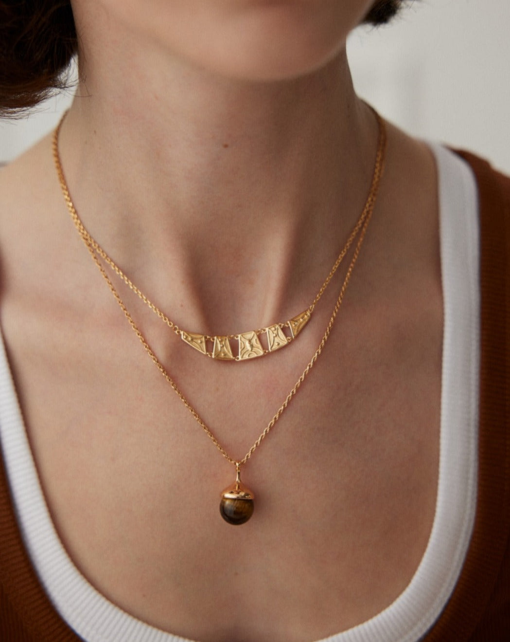 Little Hazelnut Pinecone Silver Necklace with Tiger's Eye & Gray Shell Pearls