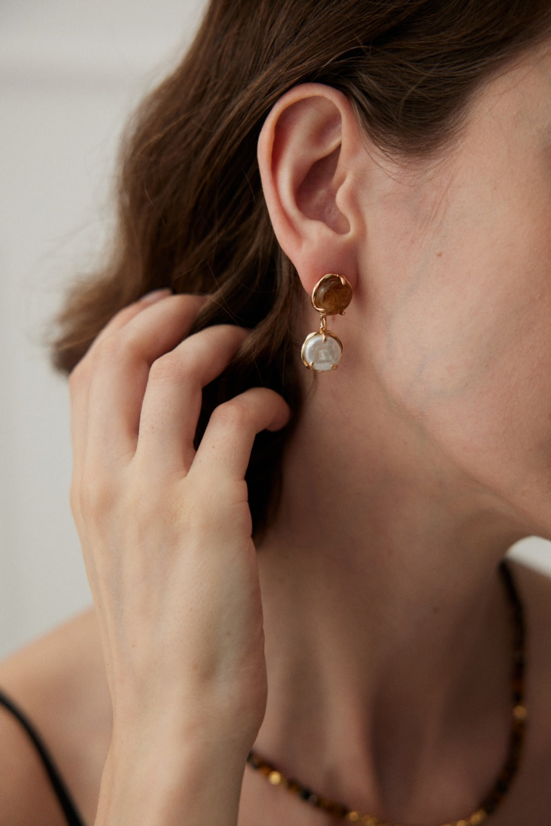 Café Au Lait Mini Pearl Ball Earring Adjustable Vintage Charm