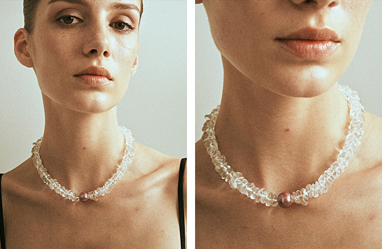 Radiant Majesty: Transparent Crystal and Pearl Necklace