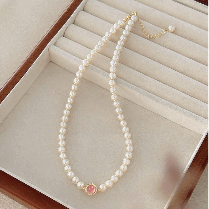 Pink Chalcedony and Pearl Necklace: Light-Responsive Stone