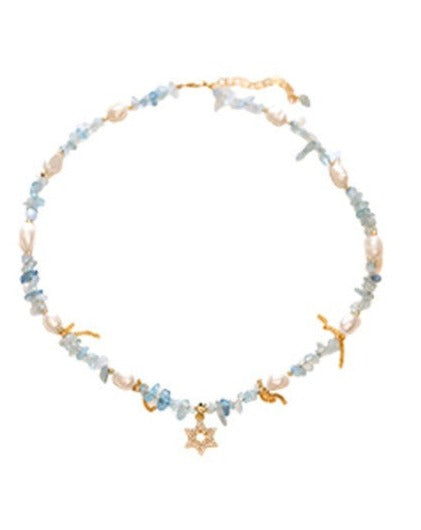 Aquamarine Hexagram and Freshwater Pearl Necklace: Symbol of Tranquility and Protection