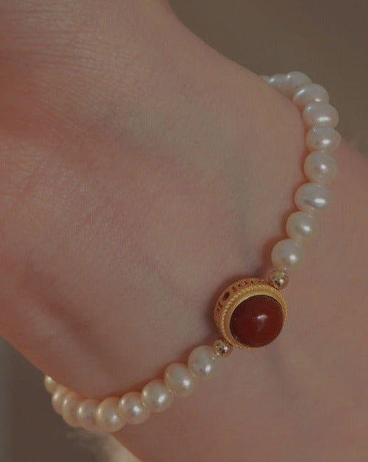 Natural Freshwater Pearl Bracelet with Red Gemstone Accent