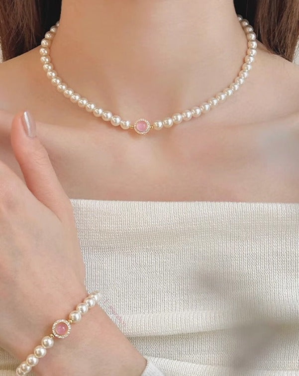 Pink Chalcedony and Pearl Necklace: Light-Responsive Stone