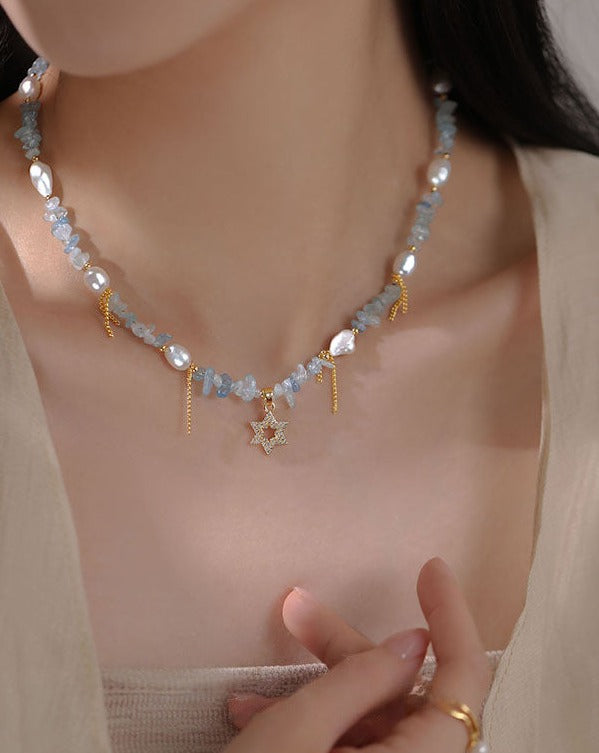 Aquamarine Hexagram and Freshwater Pearl Necklace: Symbol of Tranquility and Protection